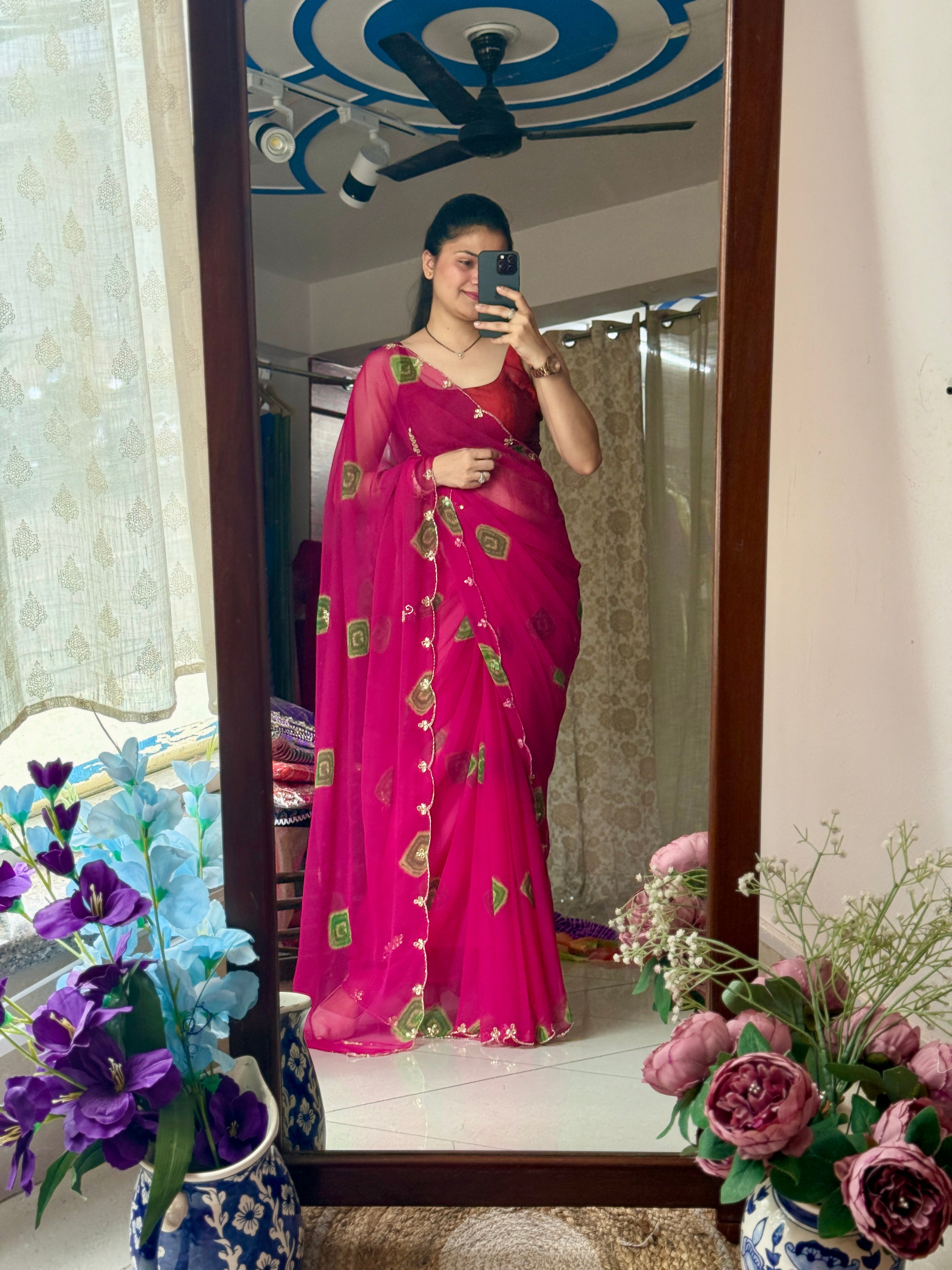 Pink shibori Pure Georgette Digital Printed Saree| Handwork cutdana detailing| Without blouse