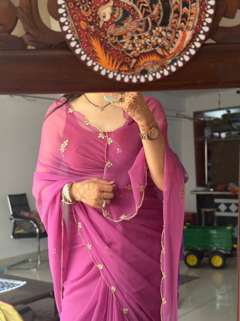 Onion Pink Pure Georgette Saree| Handwork cutdana detailing| With blouse