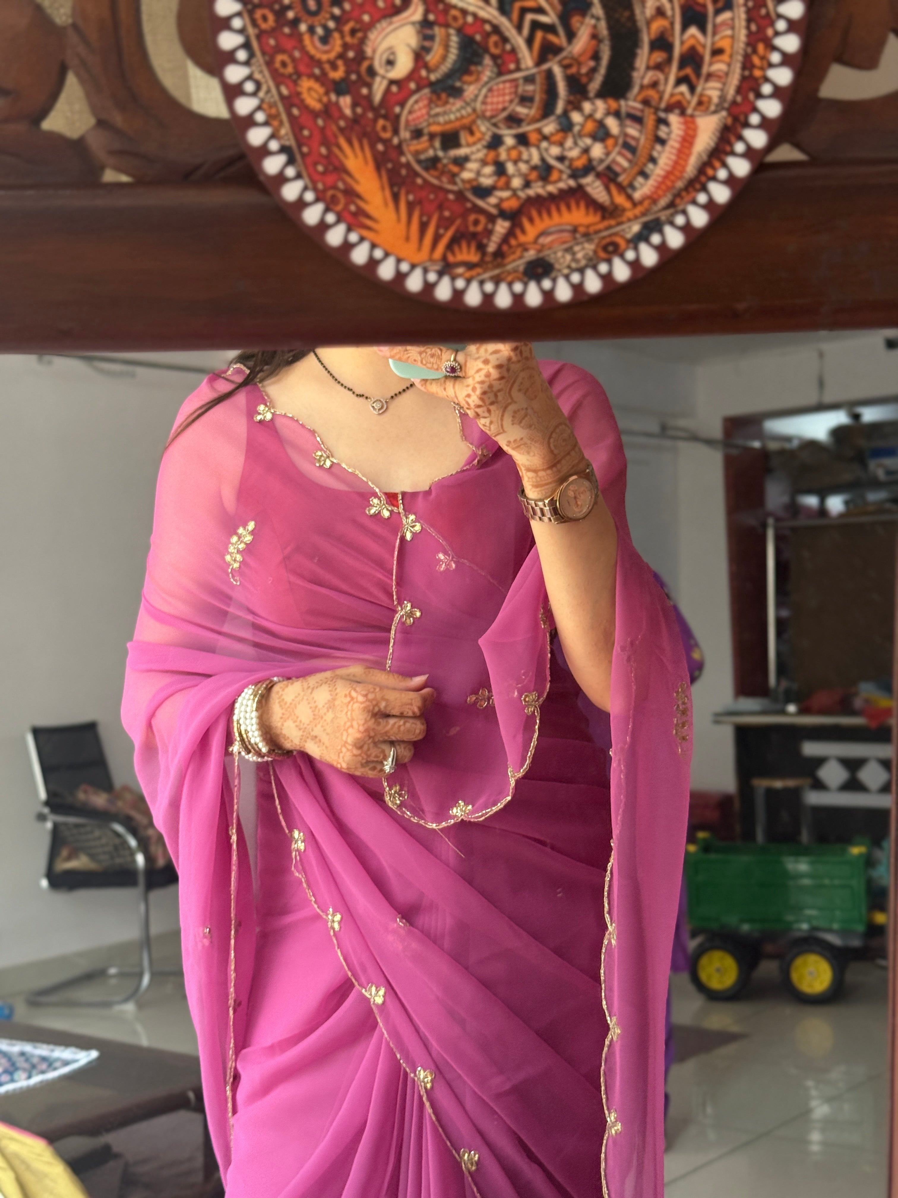 Onion Pink Pure Georgette Saree| Handwork cutdana detailing| With blouse