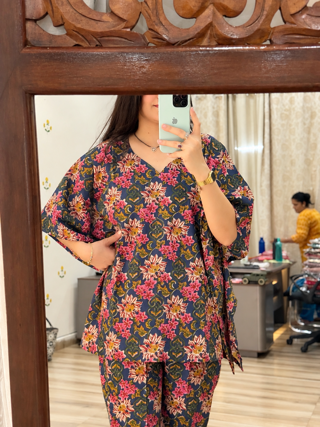Pure Cotton Floral Blue Handblock Printed| kaftan Sets| Bottom with pocket