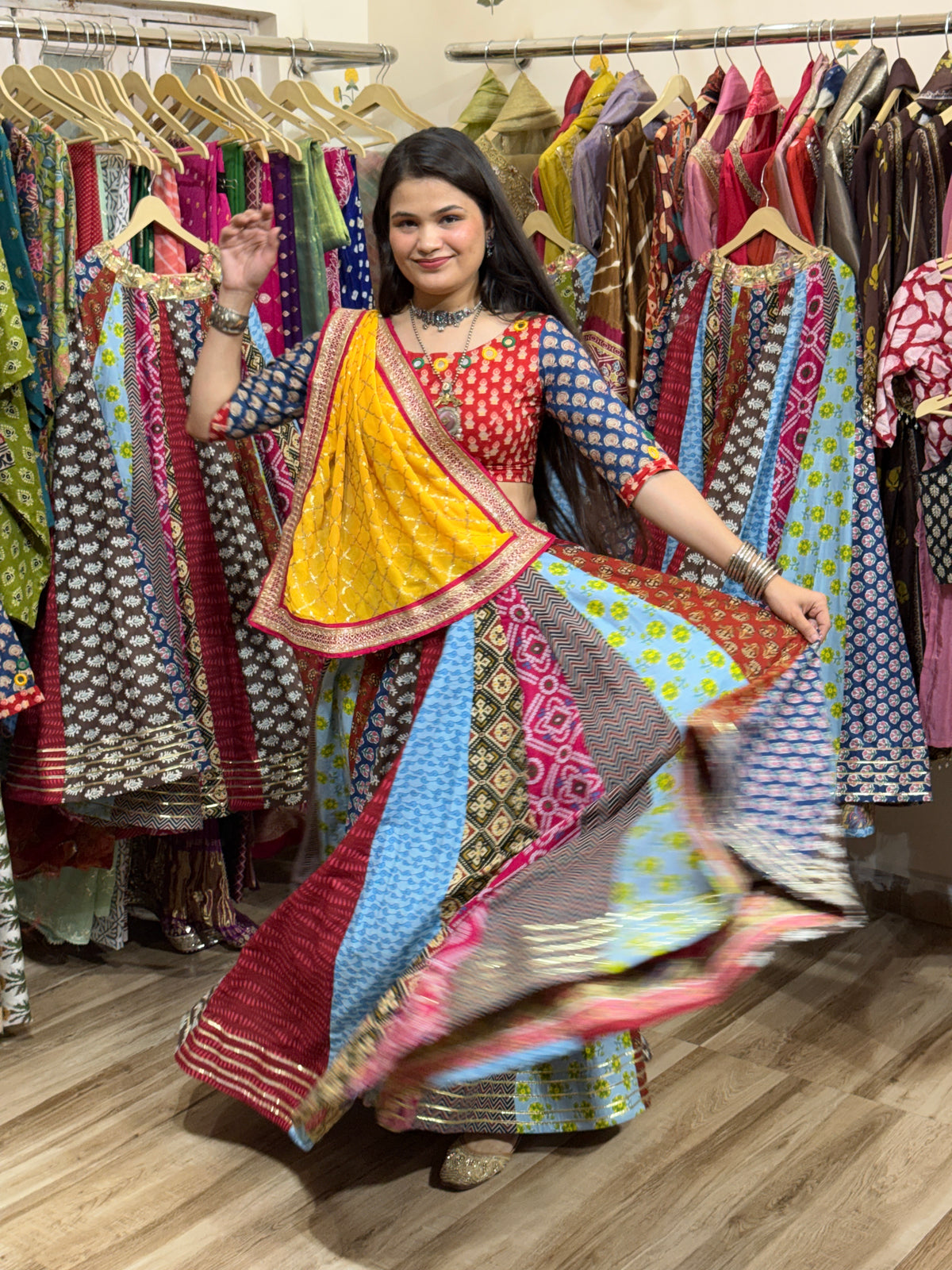 Garba Skirt| Cotton Block Printed Fabric| With inner| Gota pattiwork | 9-10 meters flair