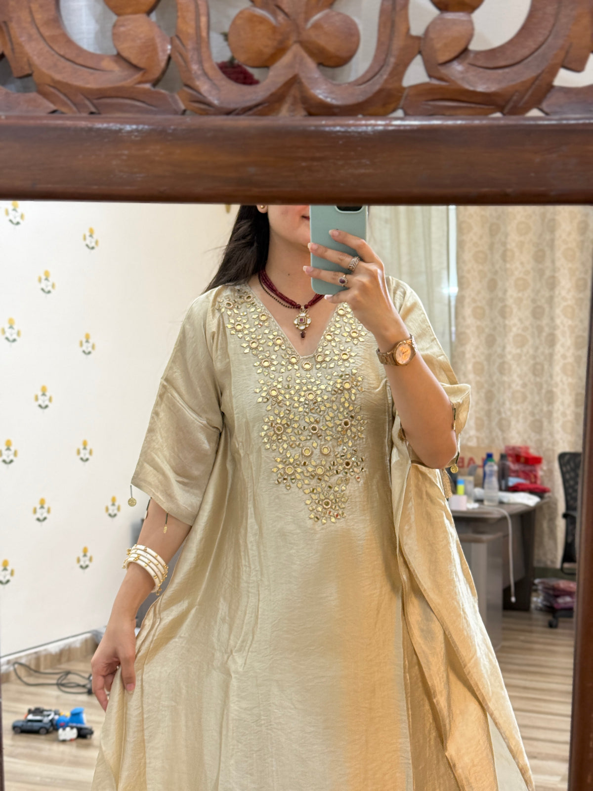 Crushed Tissue Partywear Kaftan Set| With cotton lining in top & bottom | Real mirror work