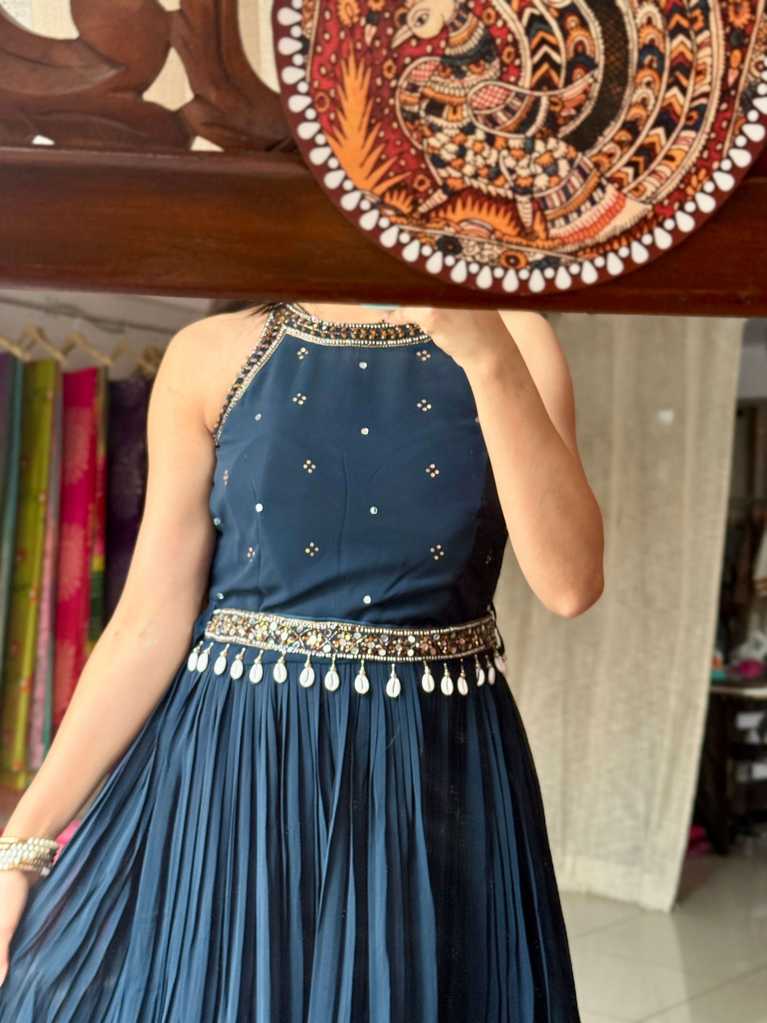 Blue Partywear Hand embroidered Dress| Extra sleeves| Comes with hand embroidered belt| Duppata for styling| Rakhi Special