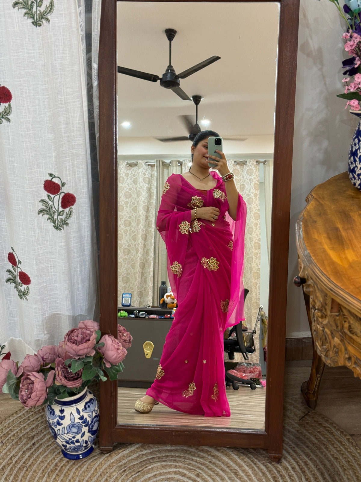 Rani Pink Zari Embroidered| Georgette Sarees| Without Blouse