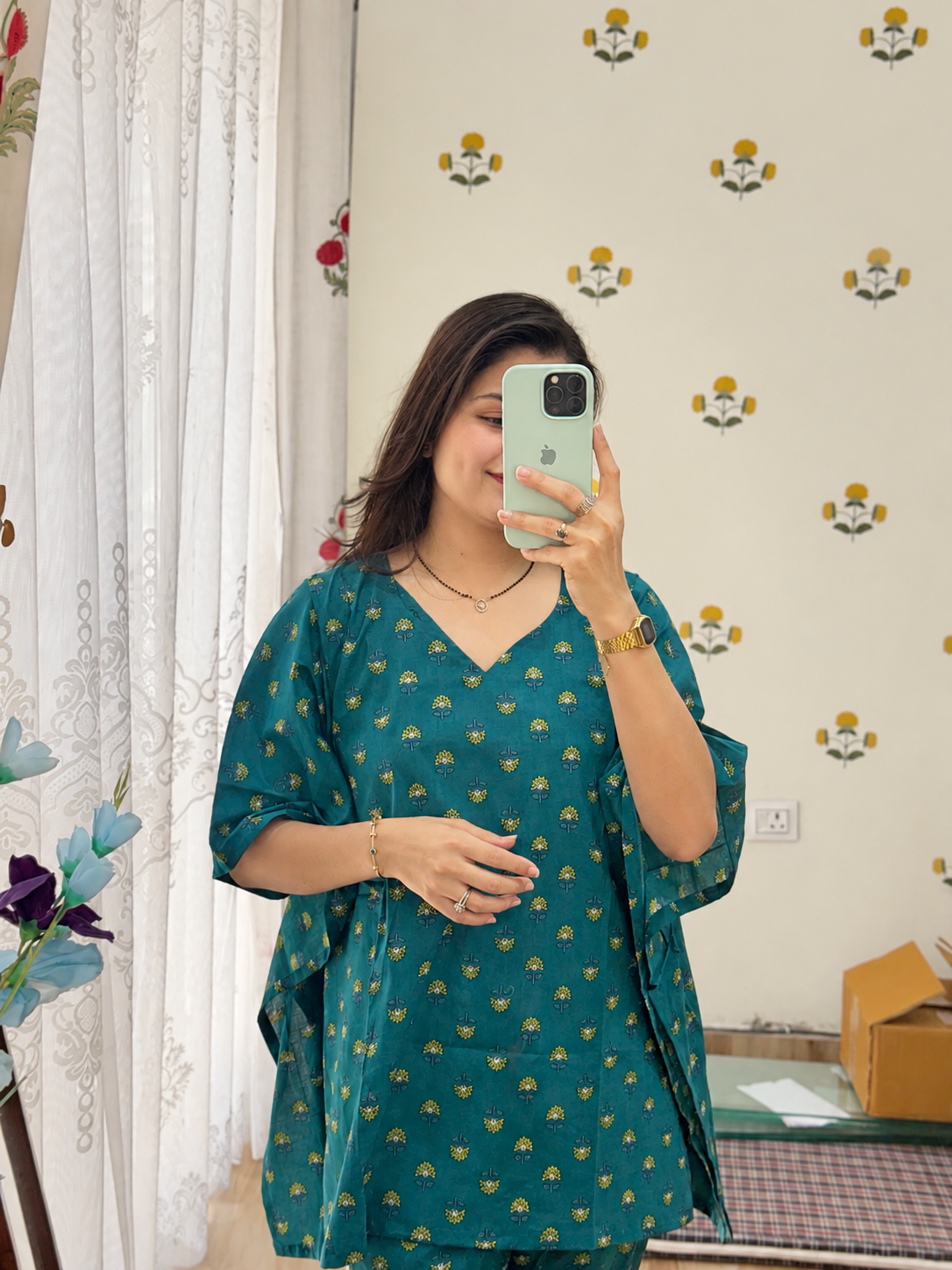 Pure Cotton Rama Green Handblock Printed| kaftan Sets| Bottom with pocket