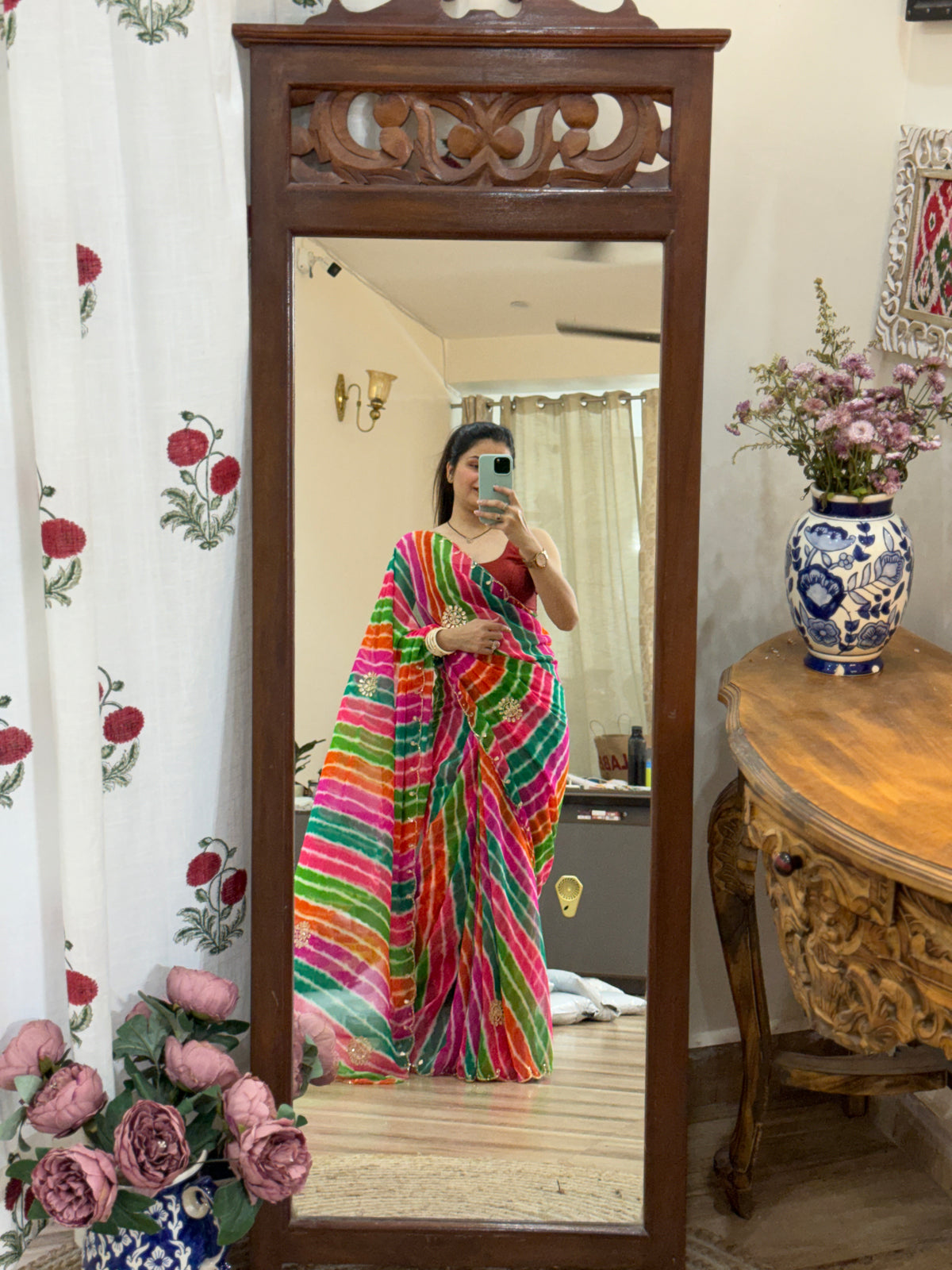 Pachranga Leheriya Pure Georgette Saree | Cutdana Handwork | With blouse