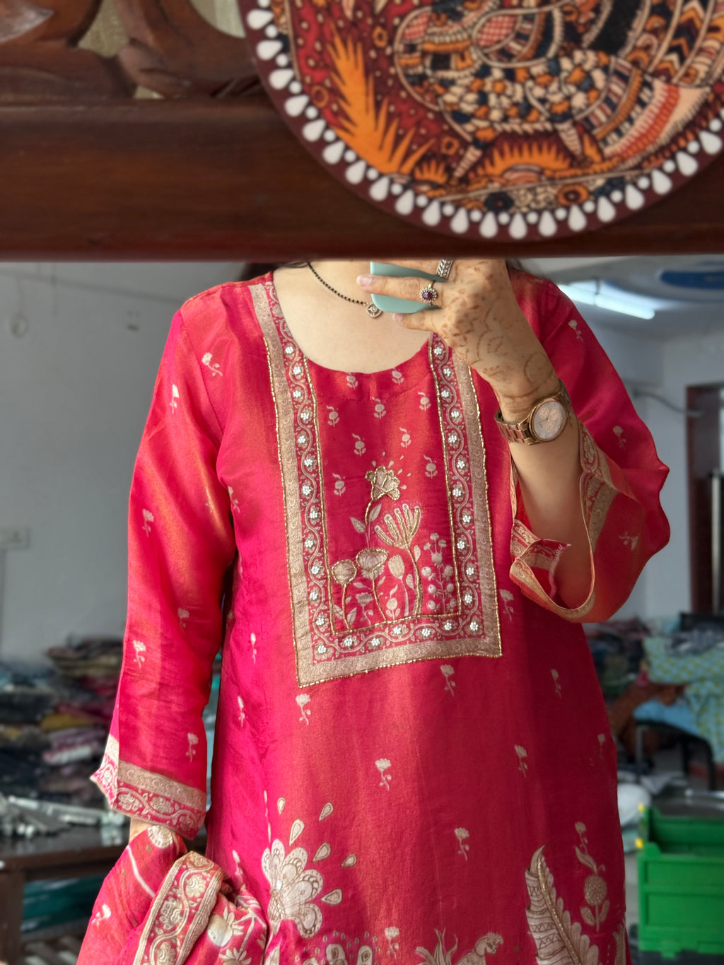 Crimson Tissue Shimmer  Suit Set |with lining | Hand Embroidered| Salwar