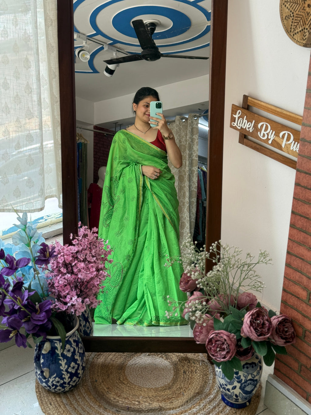 Green Hand Embroidered Chikanakri Saree| Mul Chanderi Fabric| With embroidered blouse