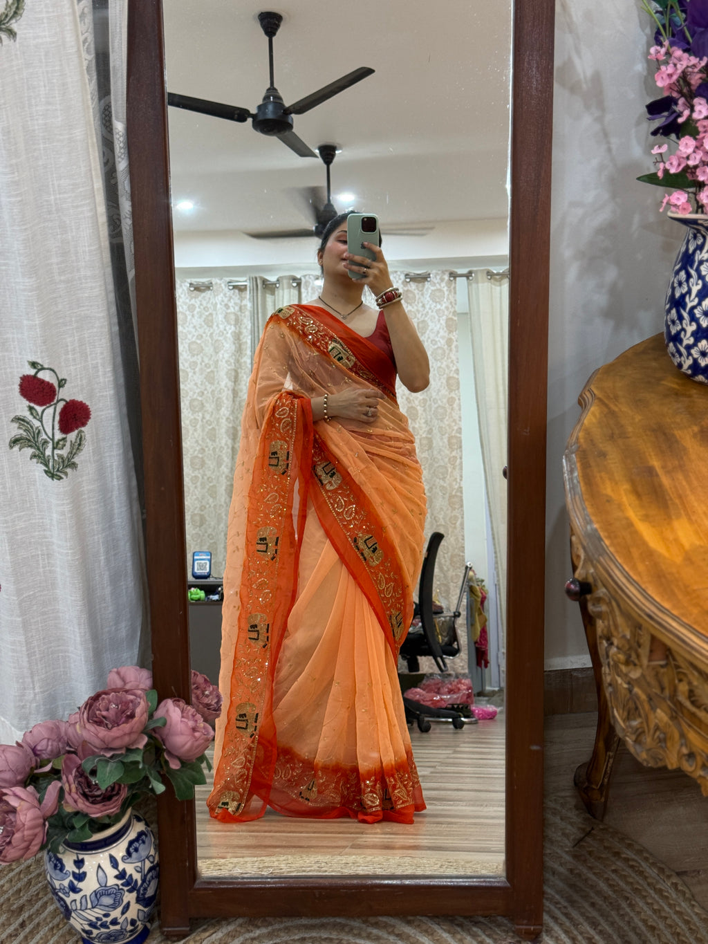 Peach Orange Zari Embroidered| Georgette Sarees| Without Blouse