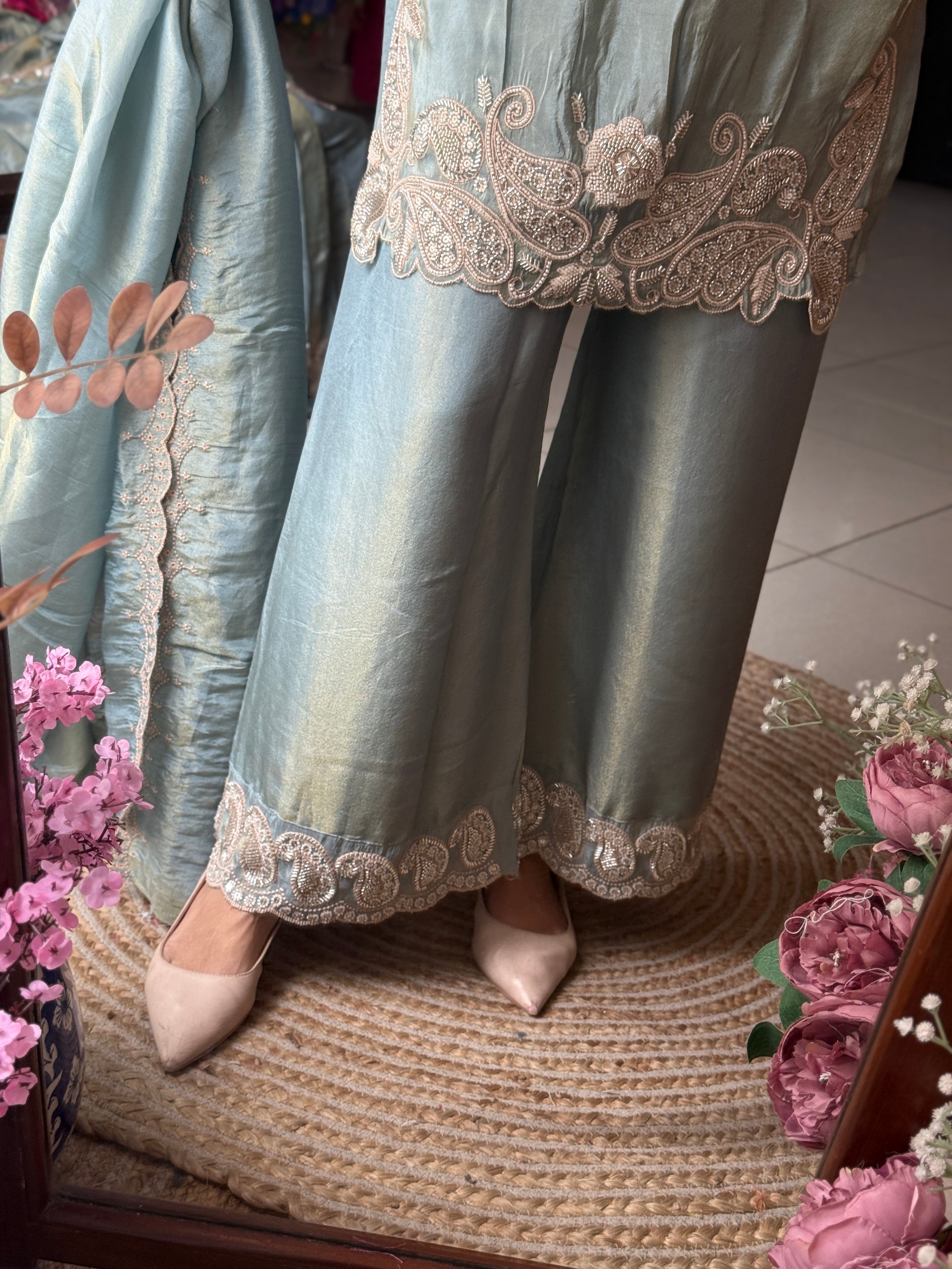 Shenaz Tissue Shimmer Set with cutwork embroidered palzo pant and Duppata| lining| Hand Designer Set