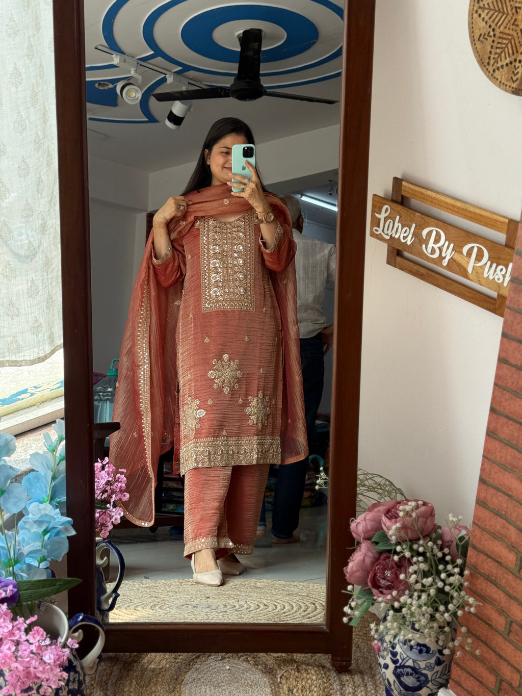 Peachy Orange Crushed tissue Suit Set |Cotton lining | Hand Embroidered |Heavy Duppatta
