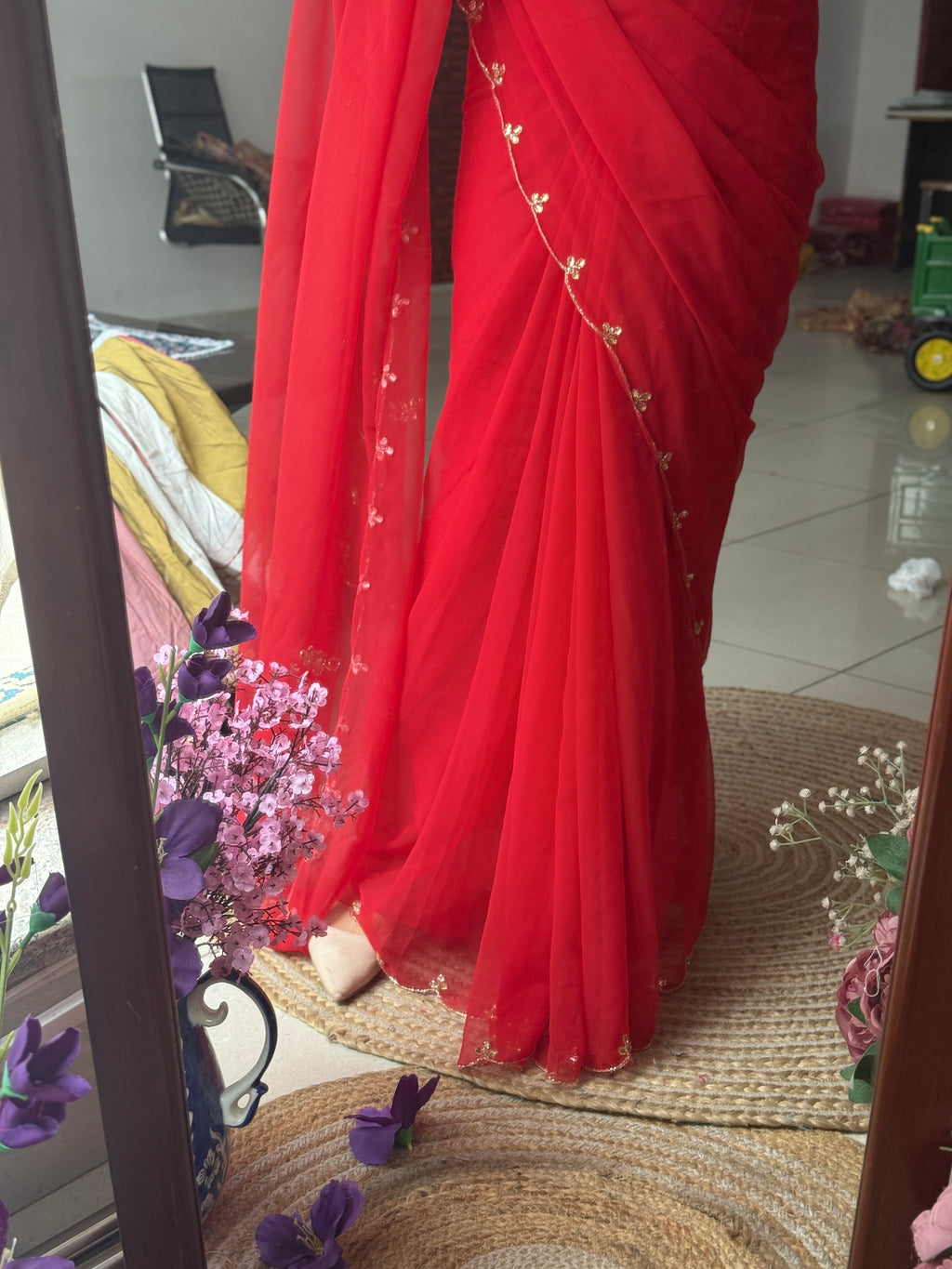 Red Pure Georgette Saree| Handwork cutdana detailing| With blouse
