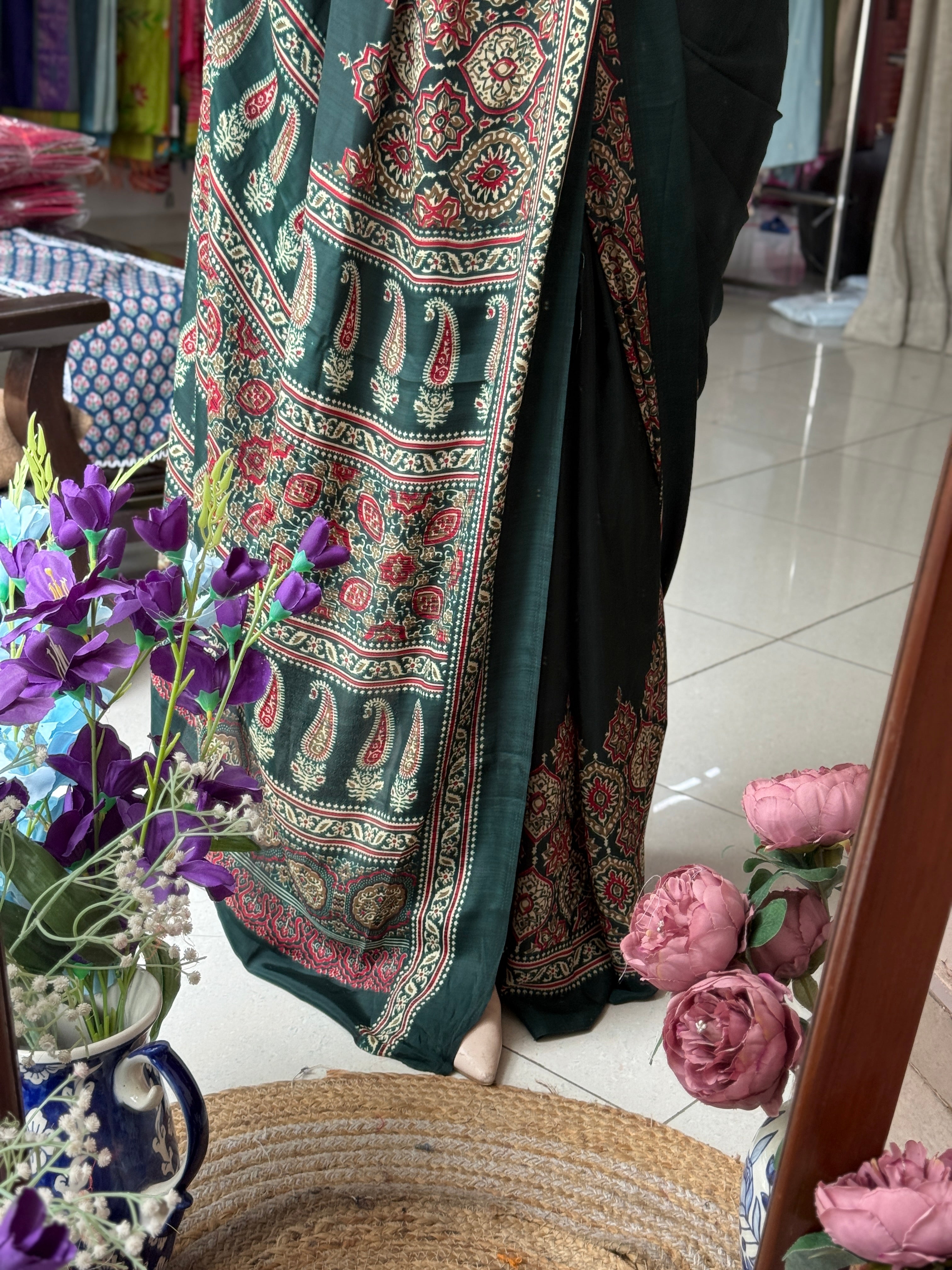 Ajrakh Saree|with blouse| Budget Friendly| Dola Silk