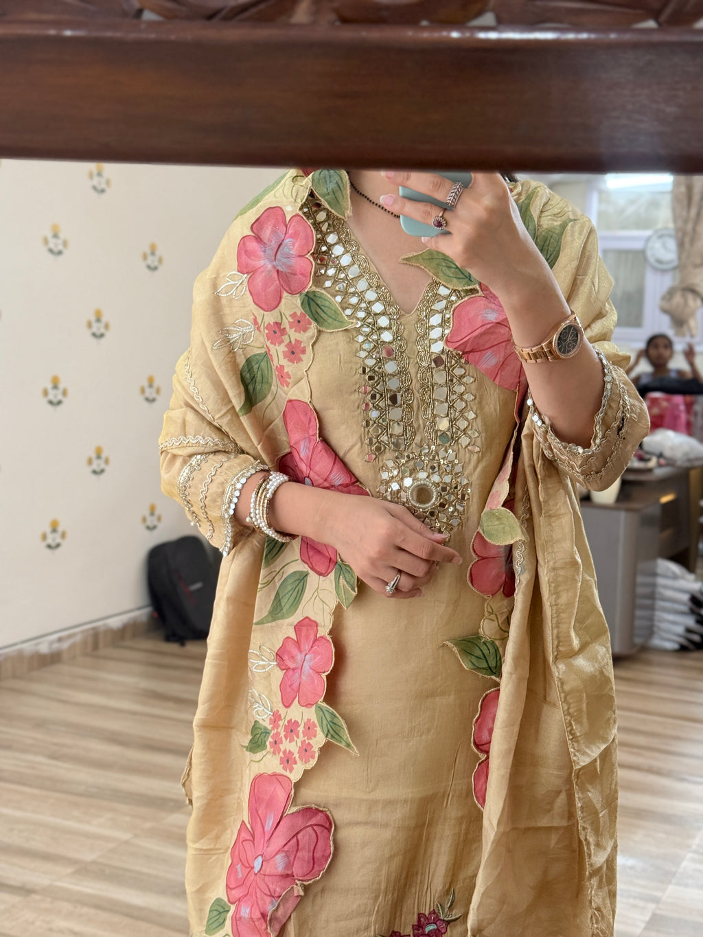 Handpainted Golden Tissue Shimmer Suit|Real Mirrorwork |With lining| Beautiful Cutwork Duppata