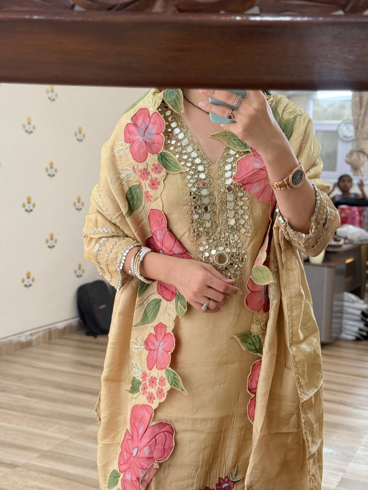 Handpainted Golden Tissue Shimmer Suit|Real Mirrorwork |With lining| Beautiful Cutwork Duppata
