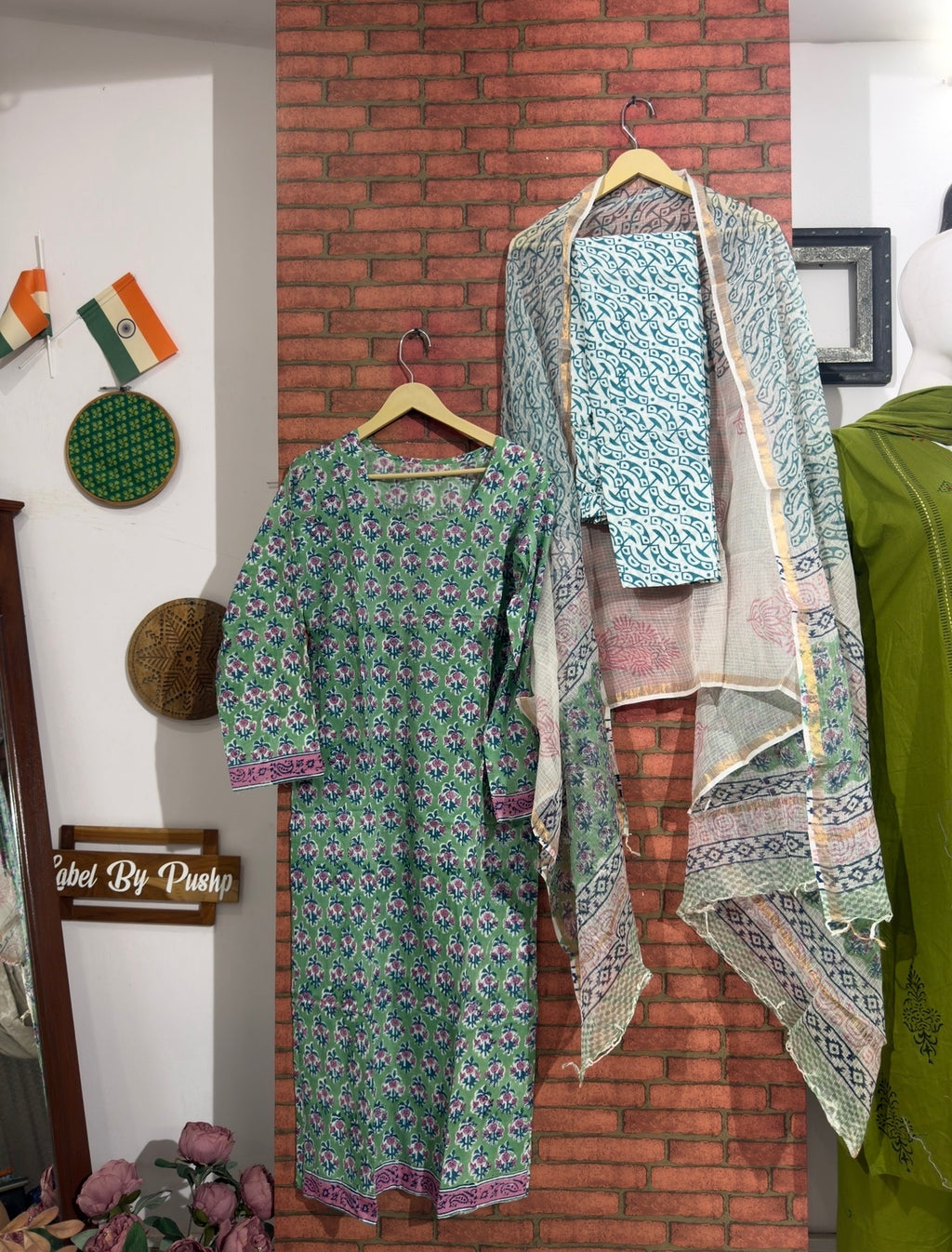 Green Suit Set| Hand block print| | kota Doria Duppata