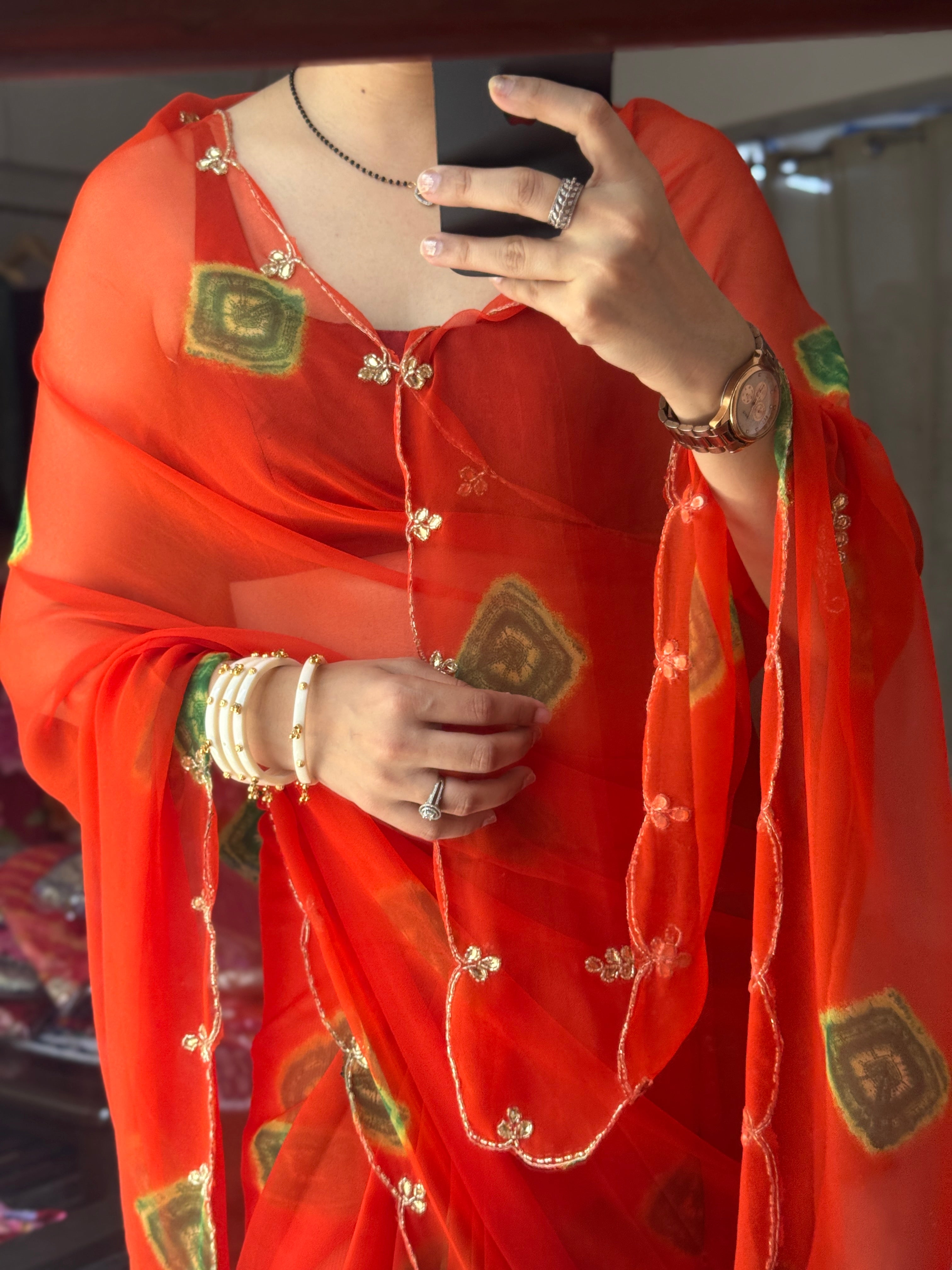 Orange Shibhori |Pure Georgette Digital Printed Saree| Handwork cutdana detailing| Without blouse