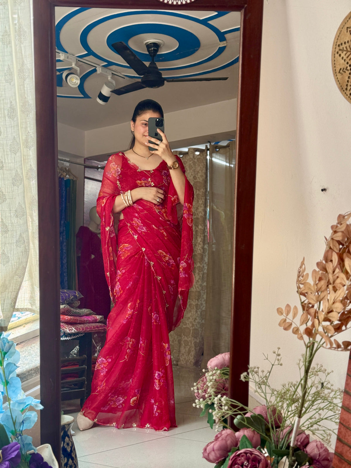 Red Pure Georgette Digital Printed Saree| Handwork cutdana detailing| Without blouse