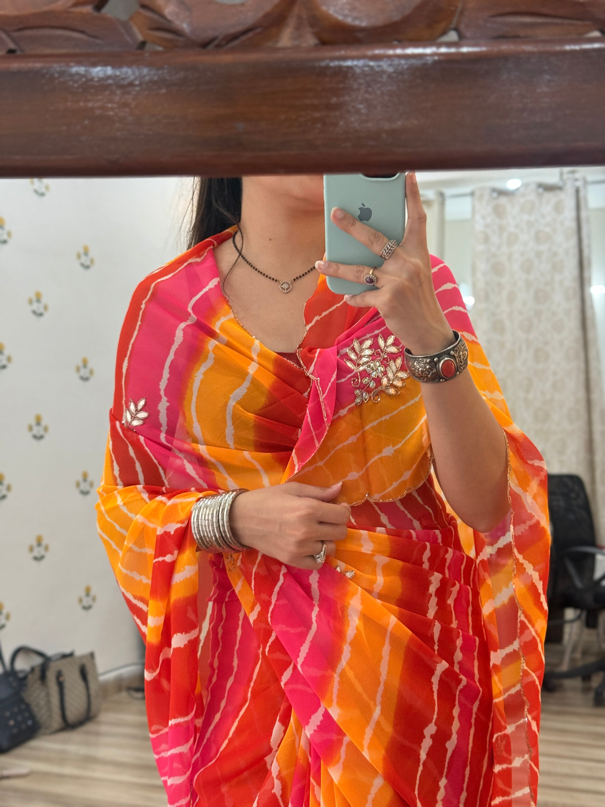 Leheriya  |Pure Georgette Digital Printed Saree| Handwork cutdana detailing| With blouse