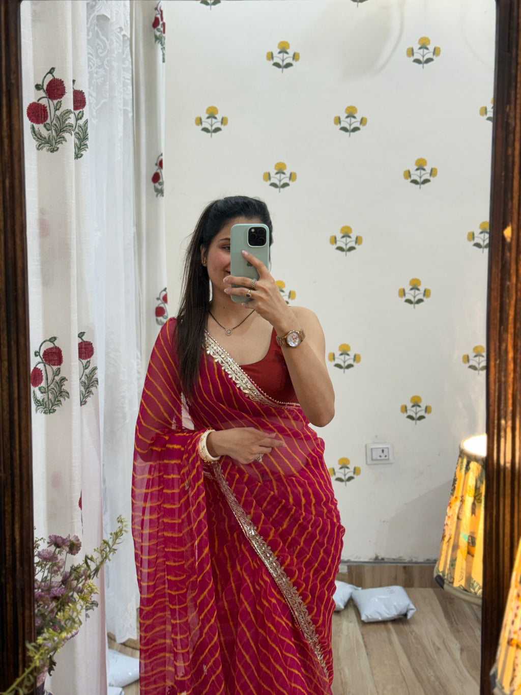 Crimson Pink Leheriya Chiffon Leheriya Saree|  Handwork Gota patti work| With blouse