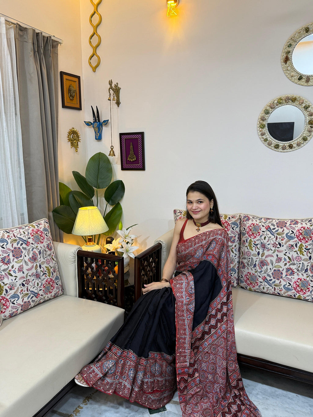 Madhuri Premium Black Modal Silk Ajrakh Print Saree with Blouse Piece