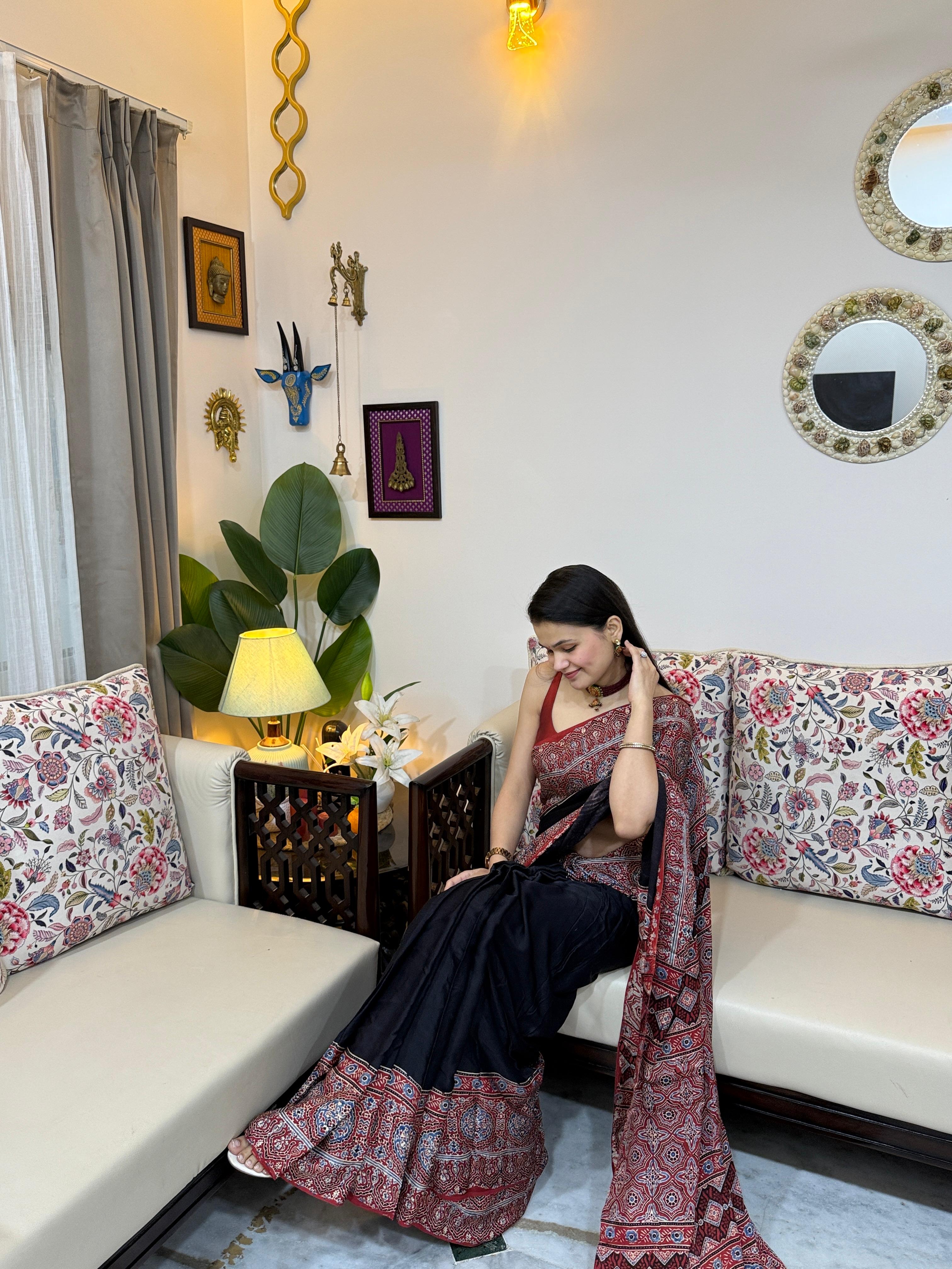 Madhuri Premium Black Modal Silk Ajrakh Print Saree with Blouse Piece