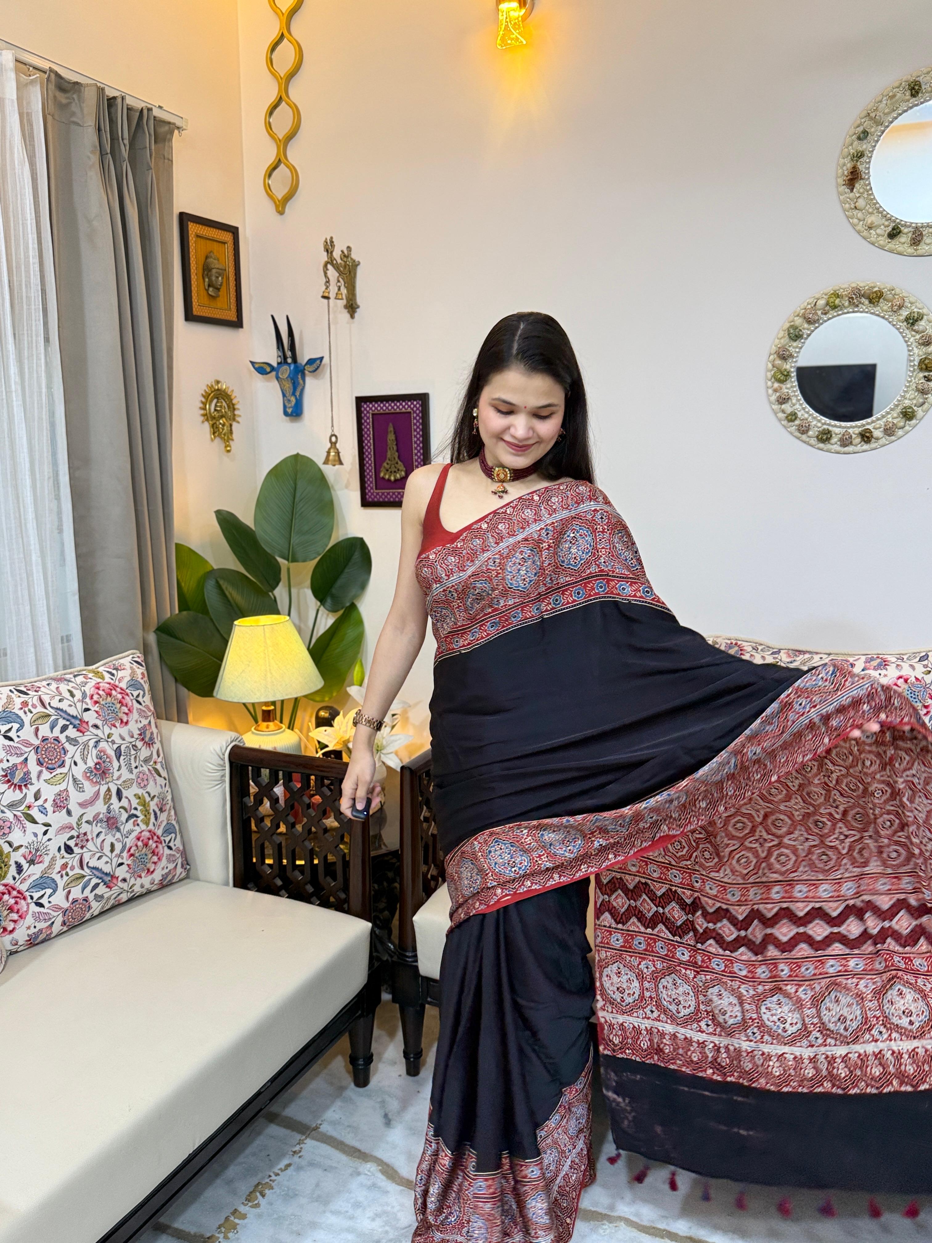 Madhuri Premium Black Modal Silk Ajrakh Print Saree with Blouse Piece