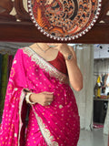 Rani Pink Pure Gaji Silk Bandhani Saree with Gotta Patti Handwork|Comes with blouse | Premium Handwork Saree