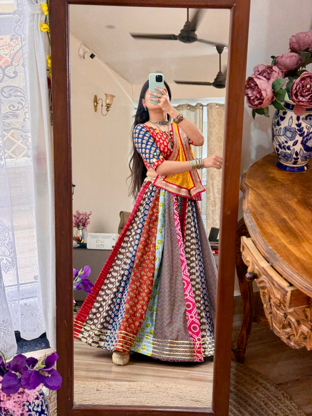 Garba Skirt| Cotton Block Printed Fabric| With inner| Gota pattiwork | 9-10 meters flair