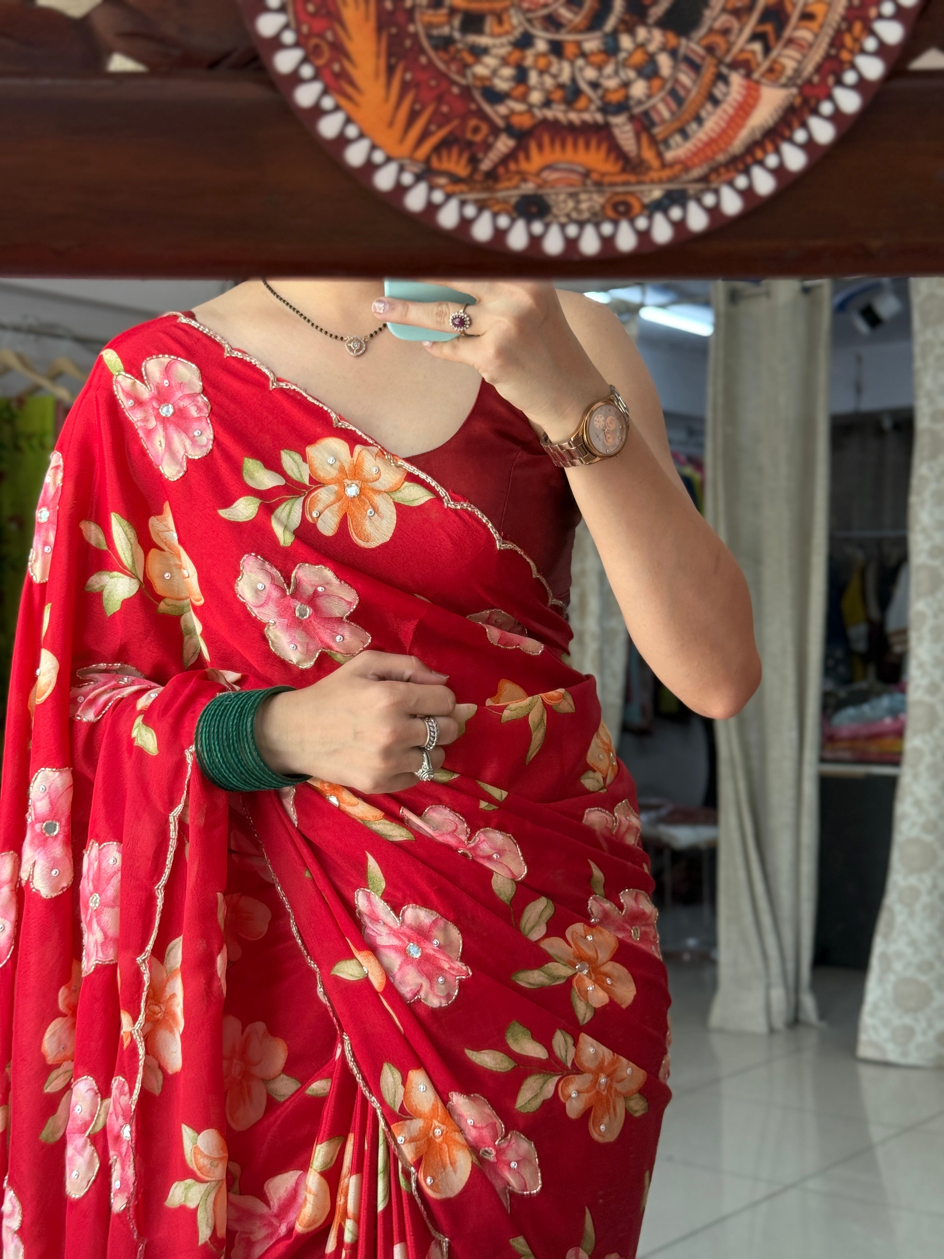Red cutdana Saree|  scallop border| With blouse| Crepe Fabric| Heavy hand embroidery on pallu & pleates