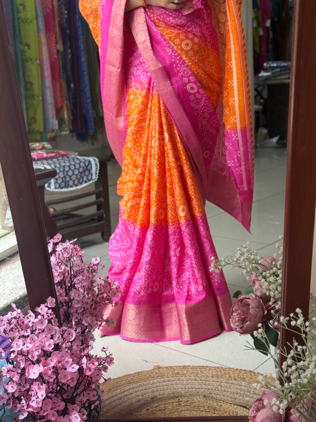 Pink Orange   Bandhani Saree|  Woven border on both sides| With blouse| Self weave dola silk
