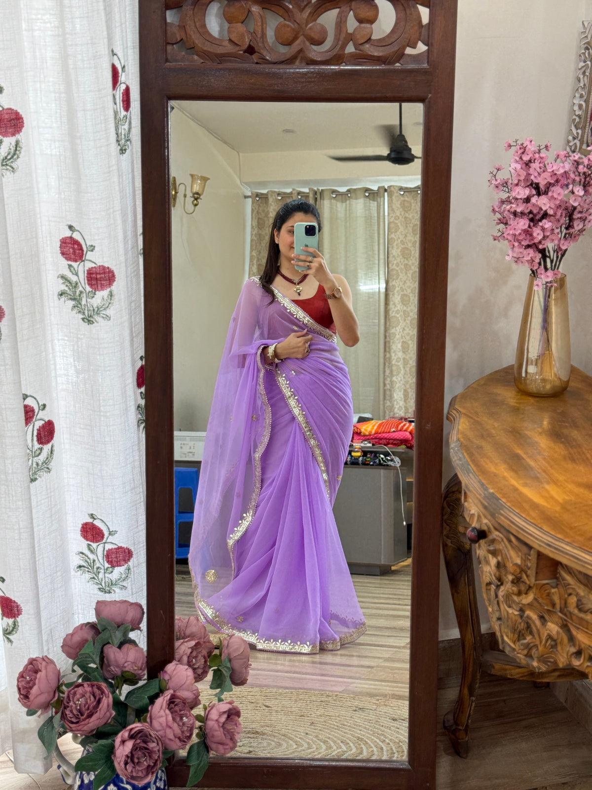 Lilac Georgette Saree | Gotta Pati Handwork | With blouse