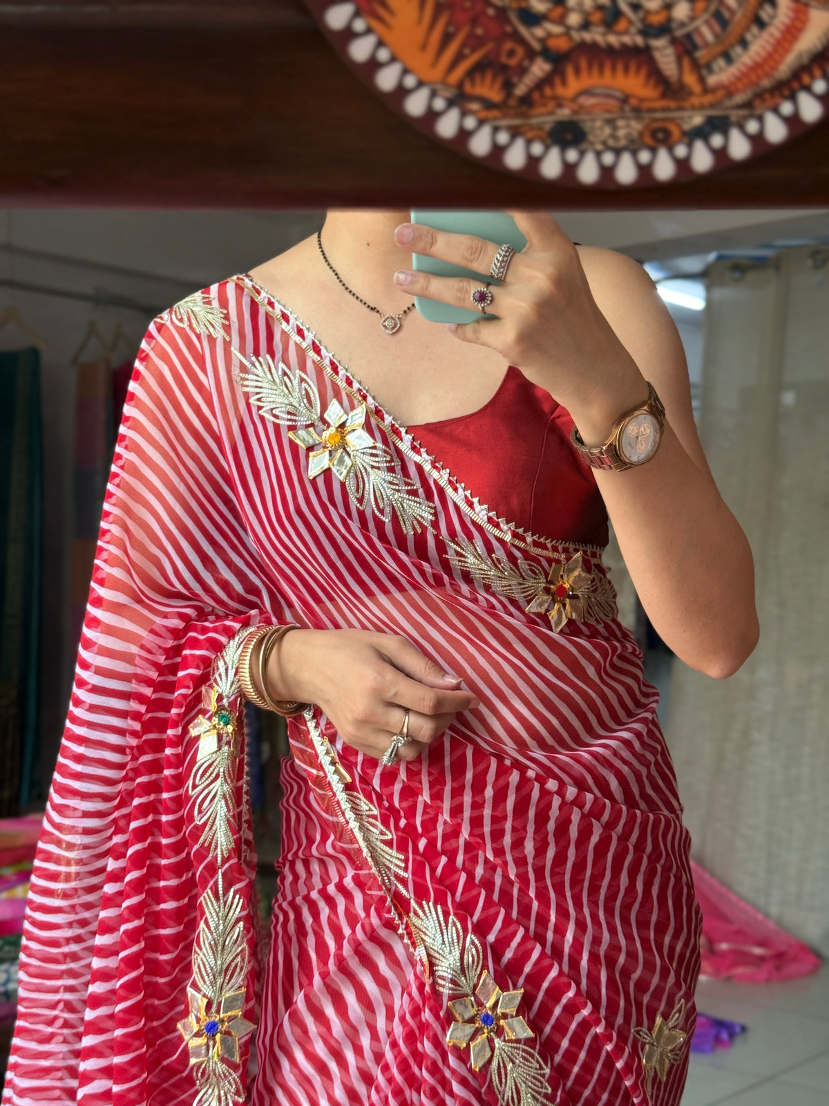 Marron Leheriya|Kaccha Gota work| With blouse| Chiffon