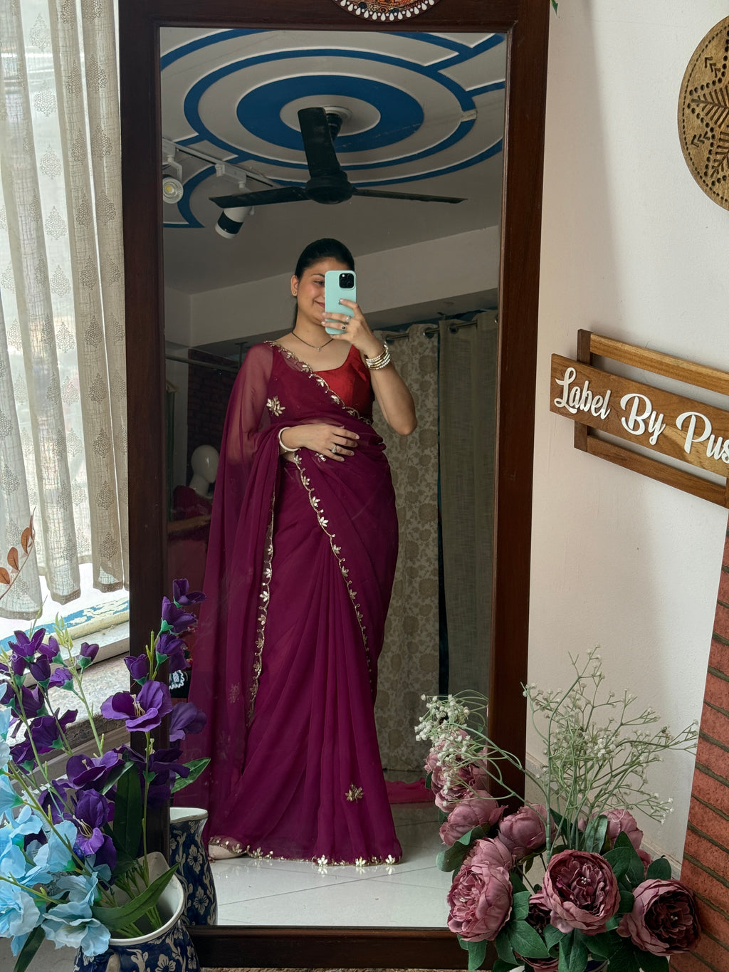 Ruby Pure Georgette Saree| Handwork cutdana detailing| With blouse