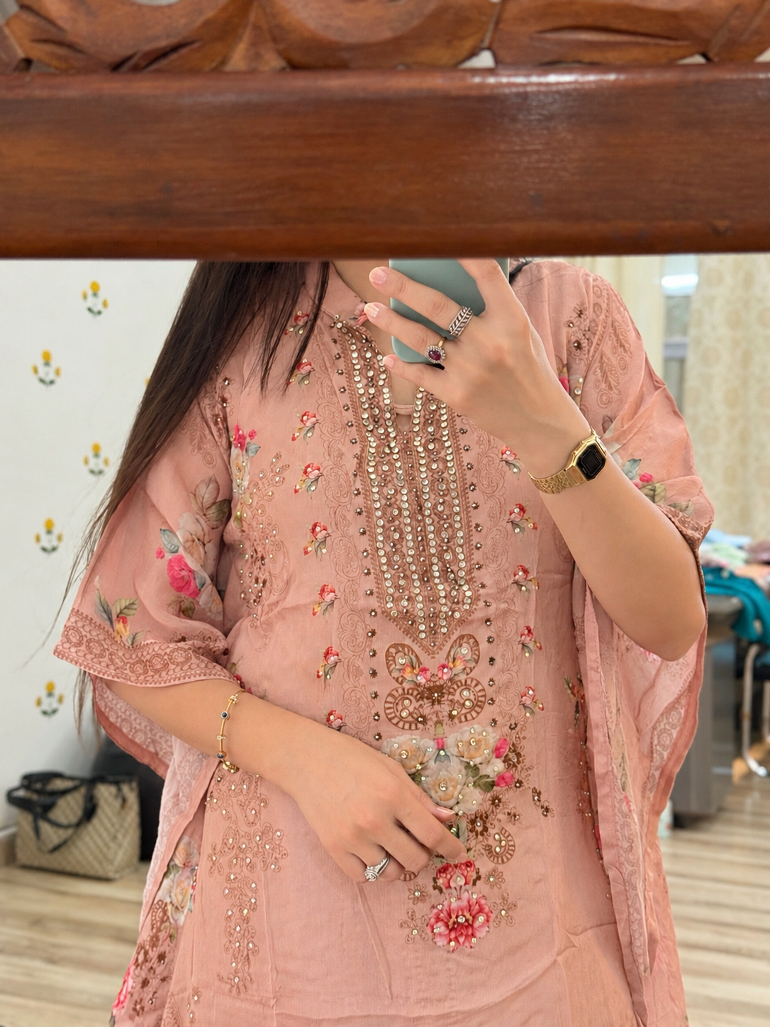 Premium Chinon Partywear Kaftan Set| With inner top | Real mirror work| Sharara bottom