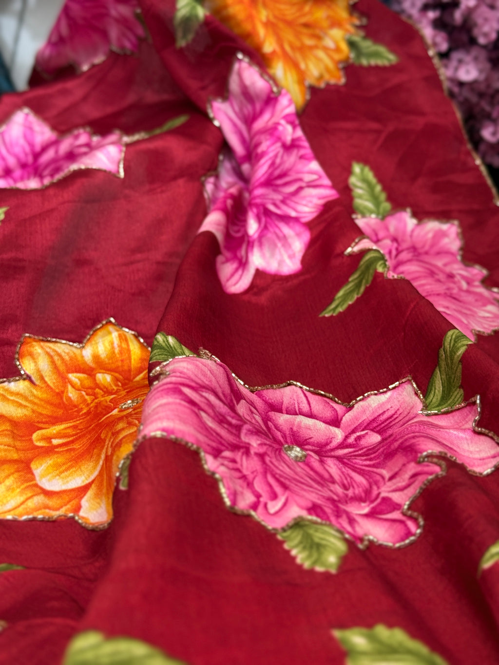 Deep Red cutdana Saree|  scallop border| With blouse| Crepe Fabric| Heavy hand embroidery on pallu & pleates