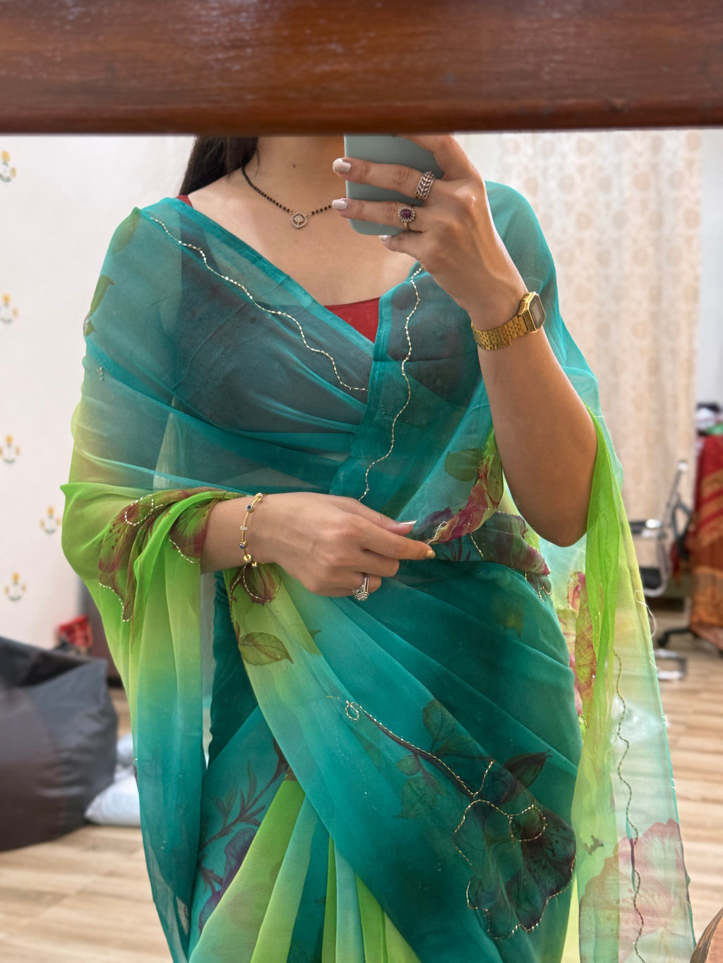 Dual tone |Pure Georgette Digital Printed Saree| Handwork cutdana detailing| Without blouse