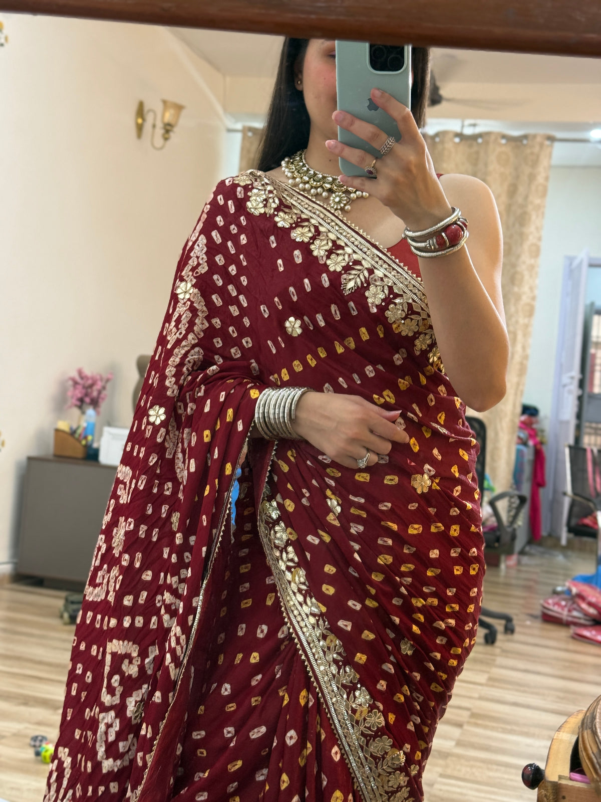 Maroon Pink Pure Gaji Silk Bandhani Saree with Gotta Patti Handwork|Comes with blouse | Premium Handwork Saree