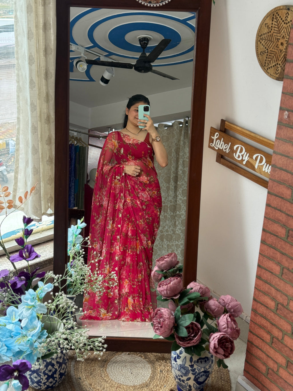 Crimson Pink Pure Georgette Handblock Digital Printed Saree| Handwork cutdana detailing| Without blouse