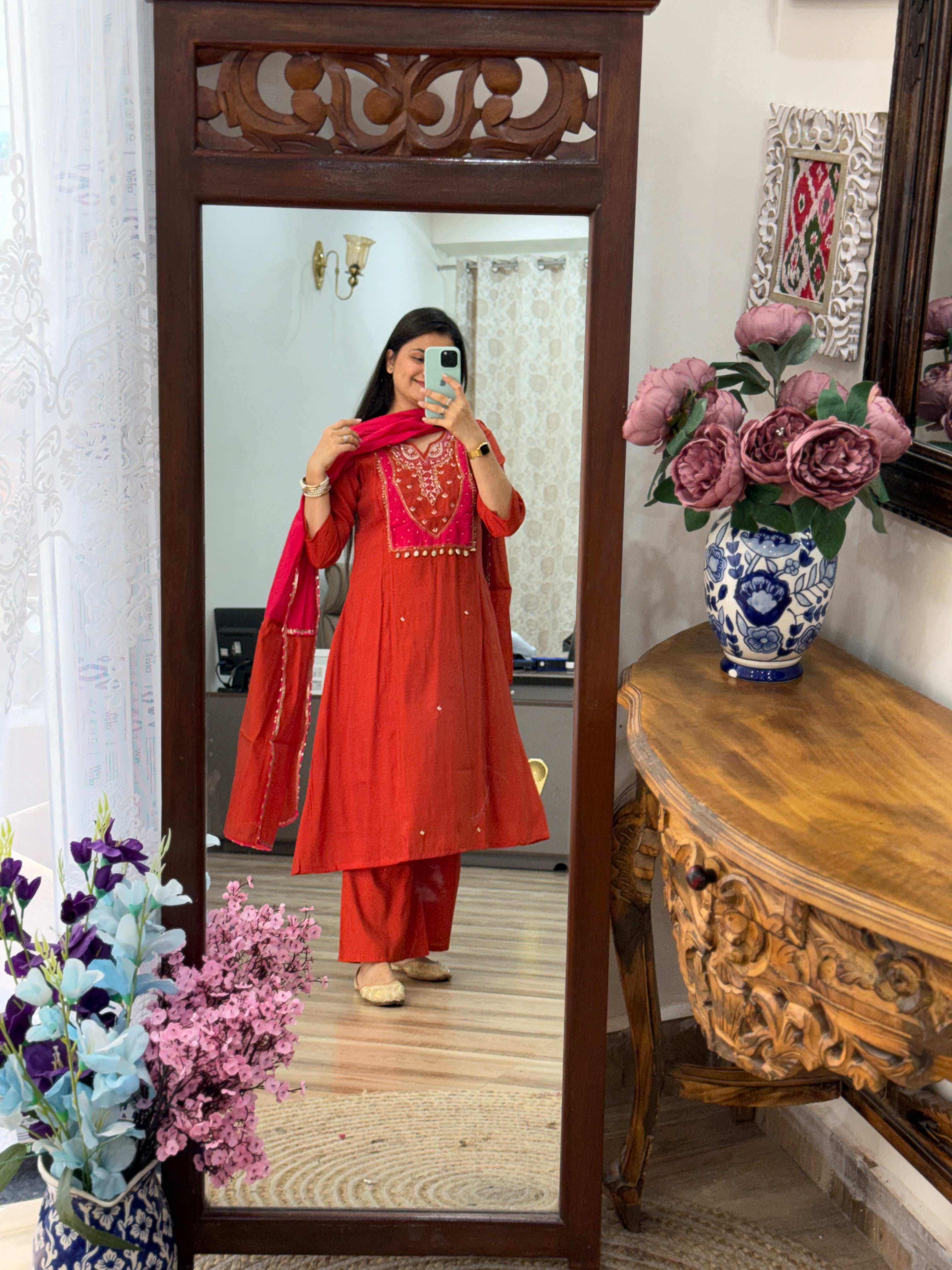 Viral Pink Orange suit | With cotton lining| Embroidered| Dual tone Duppata| Cotton Silk