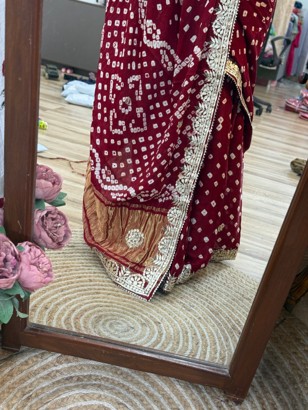 Maroon Pure Gaji Silk Bandhani Saree with Gotta Patti Handwork|Comes with blouse | Premium Handwork Saree