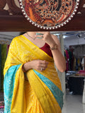 Pink Yellow Bandhani Saree|  Woven border on both sides| With blouse| Self weave dola silk