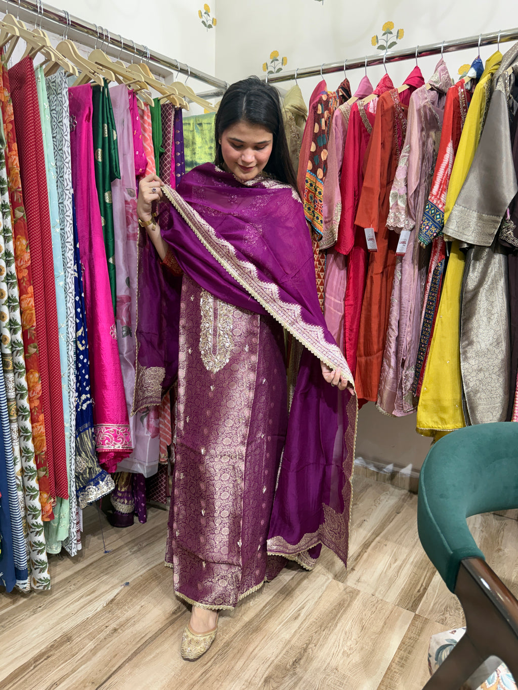 Wine Purple Pure Silk Woven suit set| Dabka Work | Hand embroidered | With cotton lining| Silk bottom with pocket and buttons| Tissue Duppata
