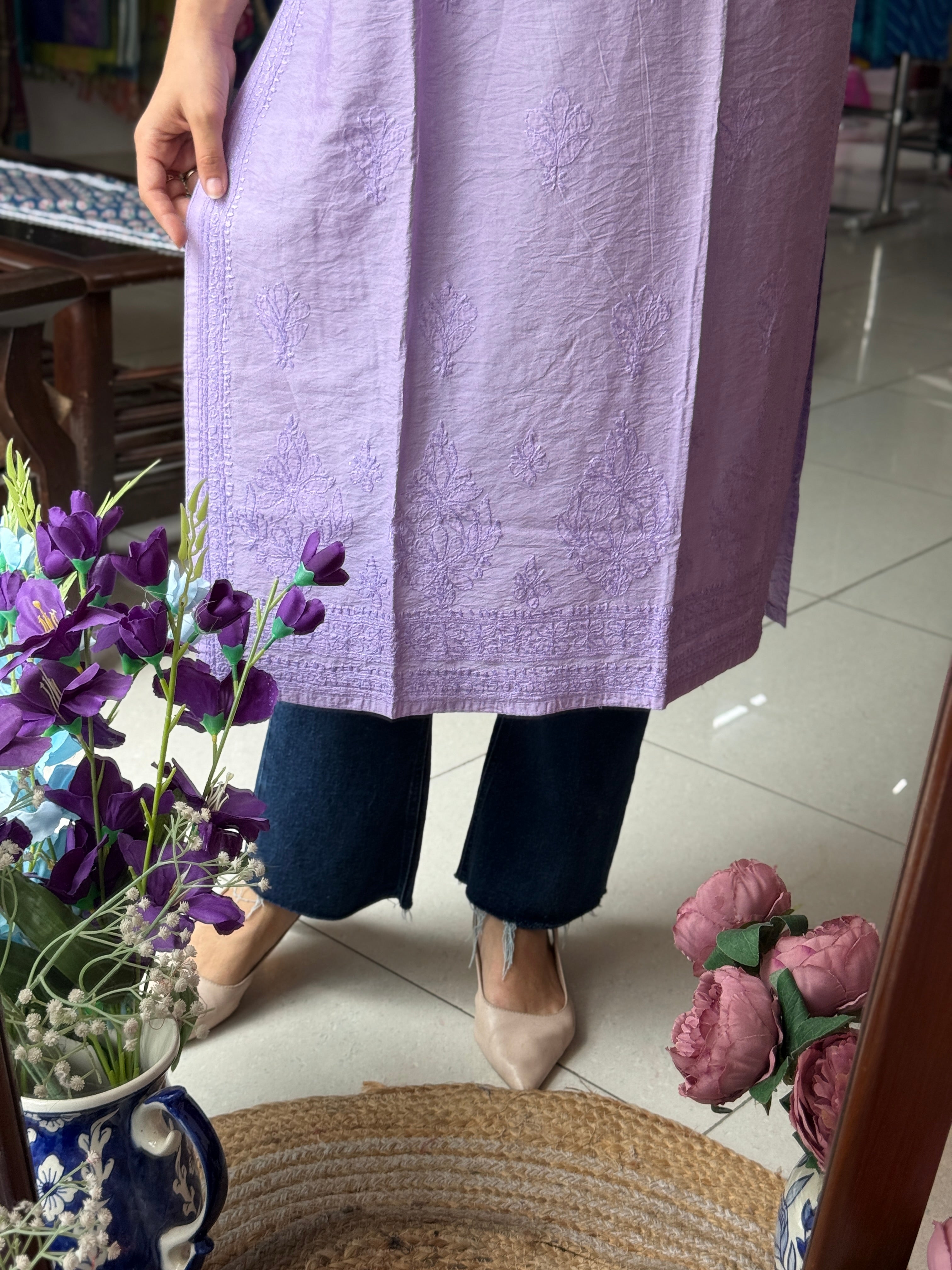 Lilac Mul Chanderi Kurta| Chikankari Work|Hand Embroidery| Partywear Kurta
