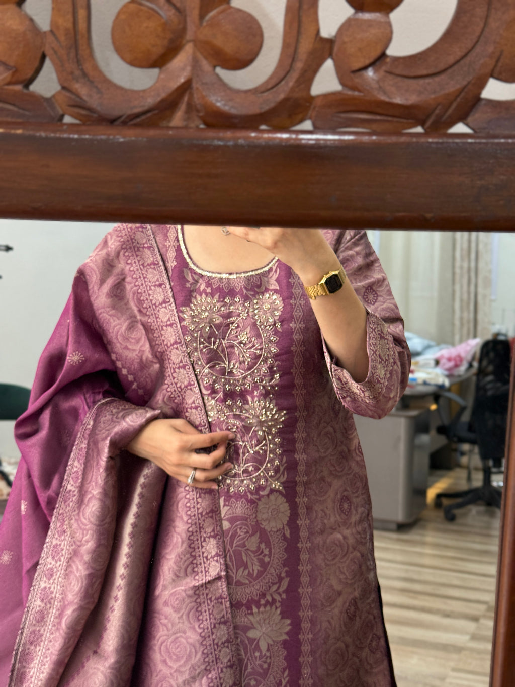 Wine Heavy Partywear Suit | Tissue Brocade suit | With cotton lining| Hand Embroidered| Designer Duppata