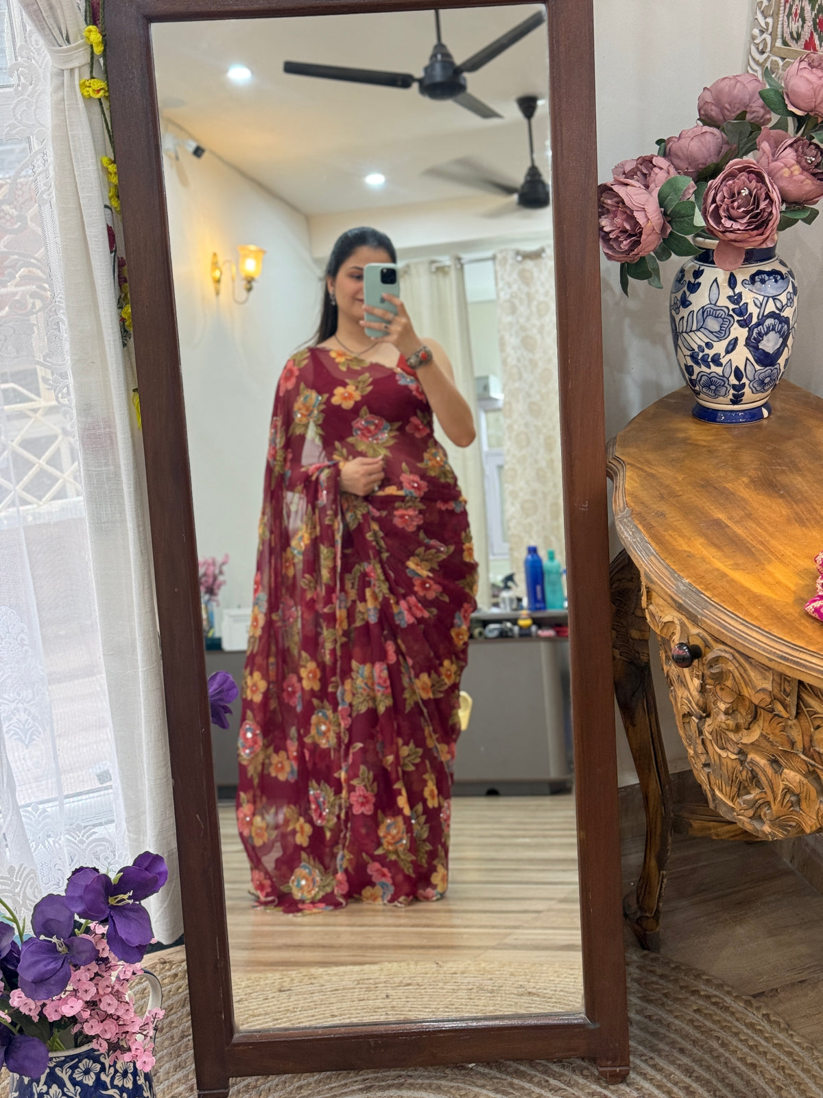 Wine |Pure Georgette Digital Printed Saree| Full pallu Handwork cutdana detailing| Without blouse