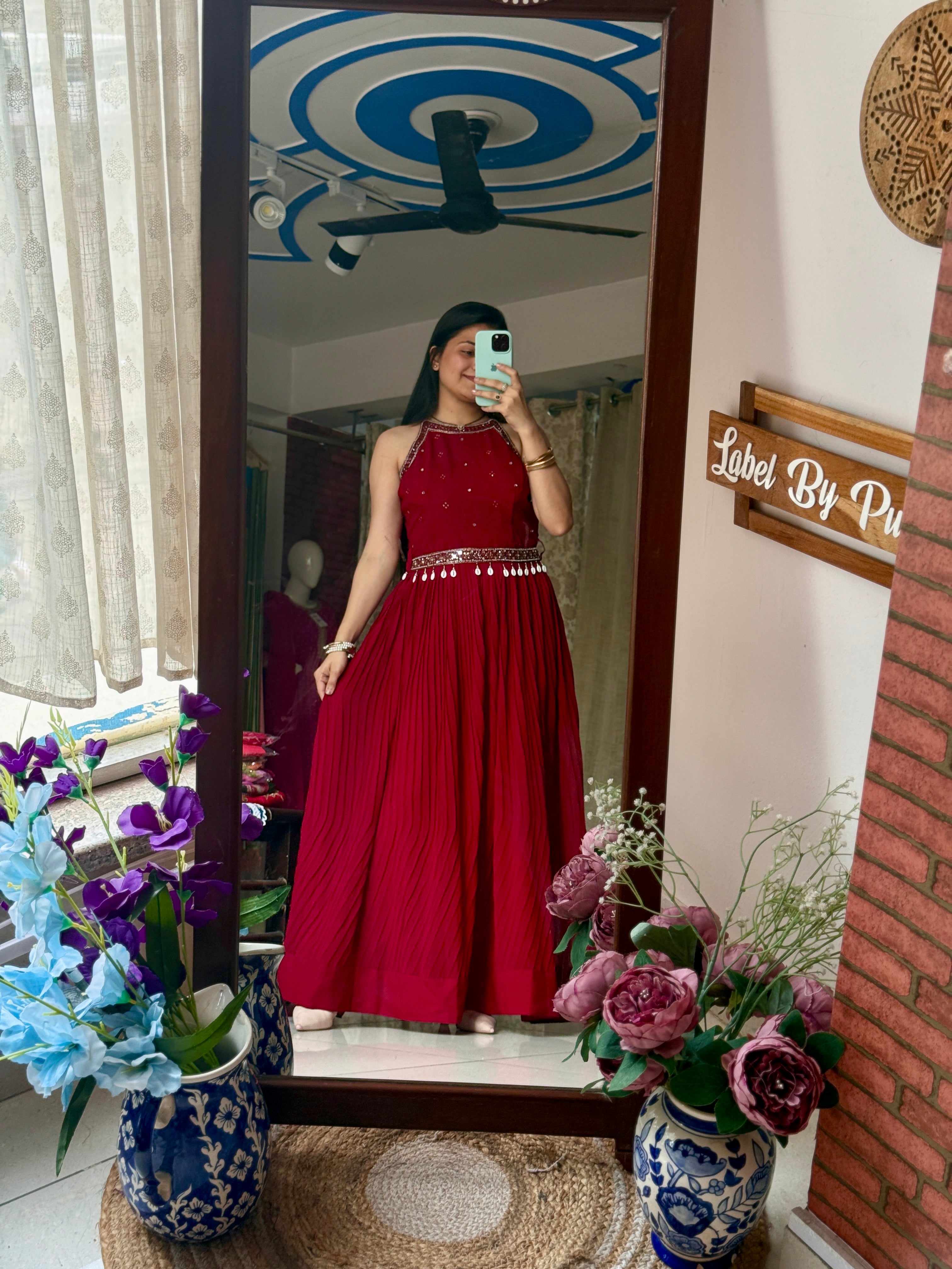 Red Partywear Hand embroidered Dress| Extra sleeves| Comes with hand embroidered belt| Duppata for styling| Rakhi Special
