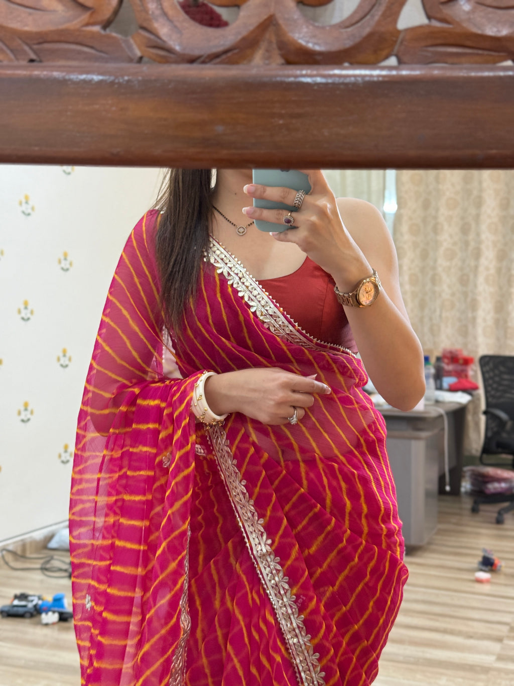 Crimson Pink Leheriya Chiffon Leheriya Saree|  Handwork Gota patti work| With blouse