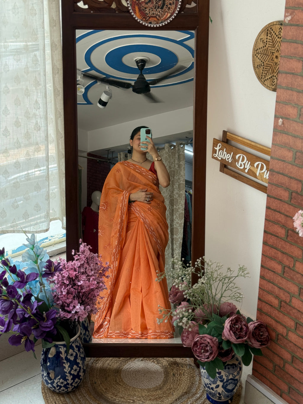 Orange Hand Embroidered Chikanakri Saree| Mul Chanderi Fabric| With embroidered blouse