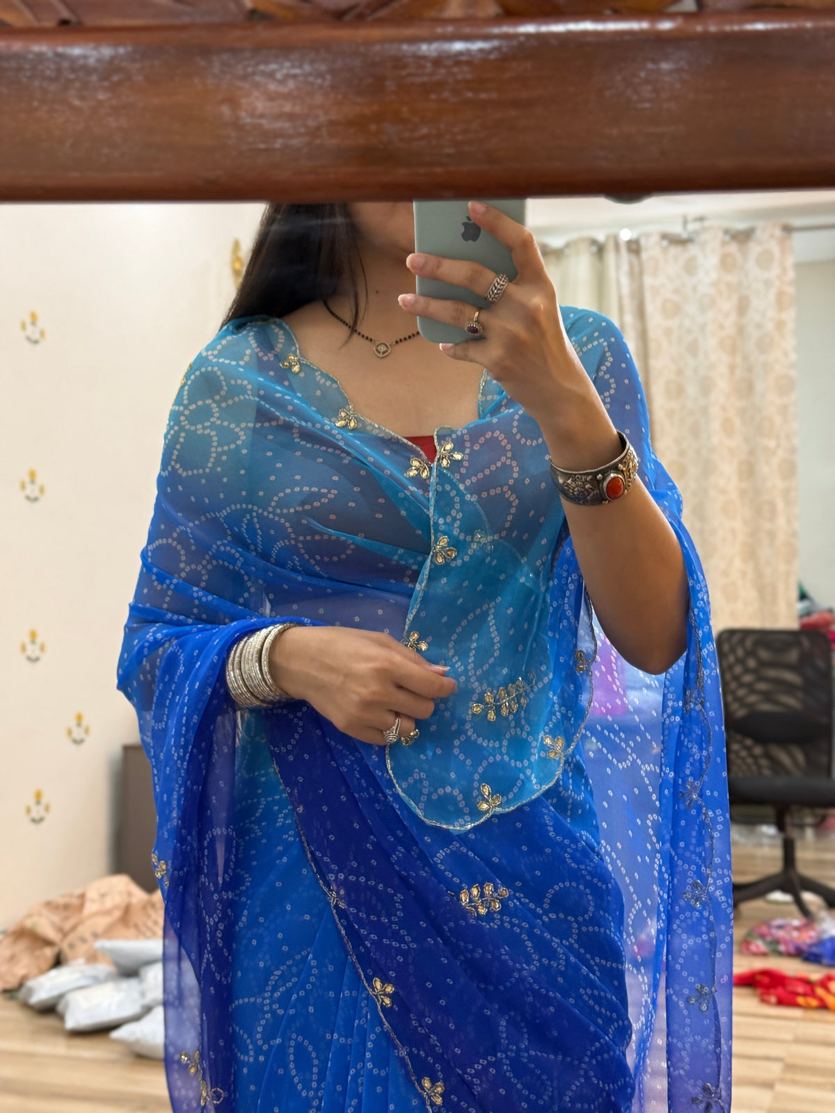 Dual tone Blue Georgette Saree | Cutdana Handwork | With blouse